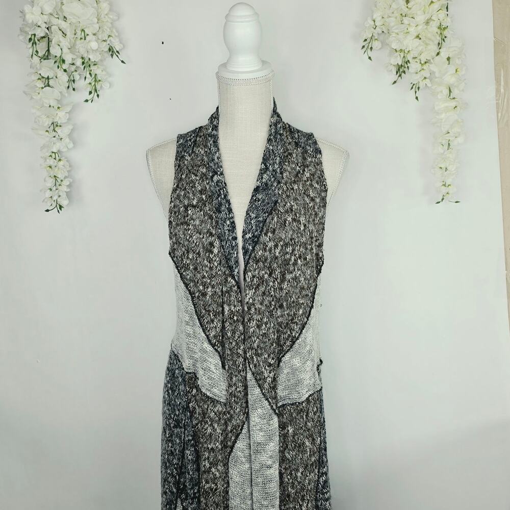 Lagenlook Open Knit Duster Vest Large Wool Blend Gray Marled Waterfall Boho - Picture 5 of 15